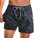 APTRO Men's Swimming Shorts with Zip Pockets 2 in 1 Quick Dry Swim Trunks with Compression Liner Leaf Dark Grey MK385 L