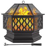 Yaheetech 26in Fire Pits for Outside Hex Shaped Fire Pit Wood Fire Pit Outdoor Fireplace for Bonfire Patio Picnic BBQ, with Spark Cover, Fire Poker