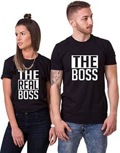 Matching Couple Shirts-The BOSS&The Real BOSS Shirts-His&Her Shirts, Black, MEN-L+WOMEN-S