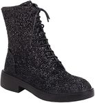 YIYA Women's Lace Up Glitter Sequin Combat Boots Round Toe Chunky Low Heel Side Zipper Sparkly Ankle Booties, Black, 8