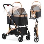 Foldable Pet Stroller - 3 in 1 Dog Cat Pushchair With Storage Basket, Net Window, Cup Holder, 360° Wear-Resistant Rubber Wheels - Travel Carrier for Small Dogs & Cats, Champagne
