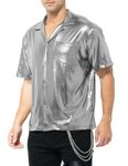 Casey Kevin Men's Short Sleeve Collared Metallic Shirts Button Down Reflective Sequin Rave Outfit Holographic Disco Top,A2-SLIVER-CK3406-CA,Medium