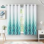 Beauoop Teal Ombre 100% Blackout Curtains 54 Inch Length for Bedroom and Living Room, White Moroccan Patterned Window Treatments, Grommet Top Short Drapes 50" W 2 Panel Sets