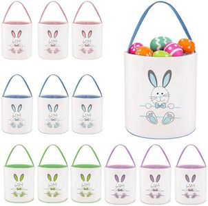 TANEMUDO 12 Pcs Easter Bunny Basket Egg Bags for Kids Canvas Empty Tote Bags Personalized Bunny Print Buckets for Candy Presents and Eggs Hunt Bag Toys Bucket Boys Girls