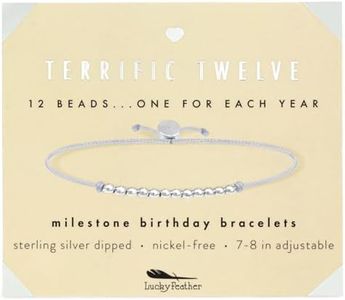 Lucky Feather Milestone 12th Birthday Gifts - Sterling Silver Dipped Beads Bracelet on Adjustable 7”- 8” Cord - 12 Year Old Gifts