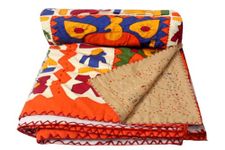 The Furnishing Tree Katha Hand Work Bedsheet/Dohar/Stitch Cotton AC Comforter for Queen Size Bed Multicolor with Saffron Traditional Jaipuri