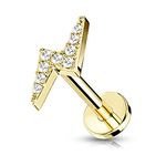 PiercedOff Gold Tone 316L Surgical Steel Labret with Clear CZ Lightning Bolt - Length 6mm Width 1.2mm