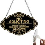 No Soliciting Sign for House,Family Friends and Neighbors Welcome Front Door Sign,Thick Acrylic Self-Adhesive Funny Sign with Chain for Home Office Store Wall Decor (Black Welcome, 8×5 inch)