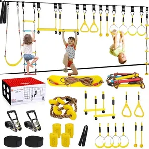 NINJA LINE 2X65FT Ninja Warrior Obstacle Course for Kids - Ninja Slackline with 14 Obstacles - Ninja Course for Kids with Swing, Ladder,Monkey Bar,Arm Trainer, Climbing Rope