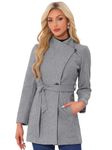 Allegra K Women's Winter Elegant Stand Collar Long Sleeve Long Belted Coats Grey L