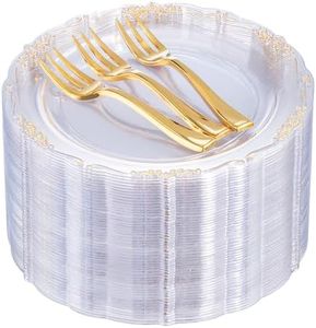 LIYH 100pcs Clear and Gold Plastic Dessert Plates 7.5Inch and 100pcs Plastic Gold Dessert Forks 5.2Inch,Plastic Salad Plates and Gold Disposable Cake Forks for Parties Wedding,Birthday