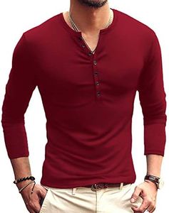 YTD Mens Casual Slim Fit Basic Henley Long Sleeve Fashion T-Shirt XXL Wine Red