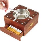 natureCRAFTS Wooden Cigarette Ashtray, Sheesham Wood Ash Tray with Drawer Smoke Ash Holder Tabletop Ash Catcher for Outdoors and Indoors with 4 Cigarette Holder Slots, Brown, 1 Piece, size: 4.5 inch