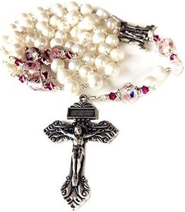 elegantmedical HANDMADE Catholic AAA 8-9mm Real Pearl & Veluriyam beads Rosary Cross Necklace Box (Pink)