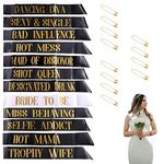 Hen Party Sashes,12Pcs Bridesmaid Sashes Set for Hen Night Party,11 Pcs Black with 1 Pcs White Sashs Gold Text Hen Party Decoration (A)