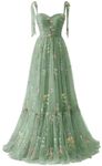 Generic WPPUPP Women's Floral Embroidery Prom Dress Spaghetti Straps Pleated Tulle Ball Gown Long Drawstring Formal Evening Gown, Green, 2