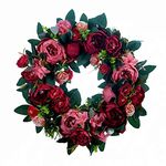 Artificial Floral Wreath 16 Inches Peony Wreath Round Silk Indoor and Outdoor Floral Wreath Home Decor for Front Door Wall Outdoor Farmhouse Decor, Red