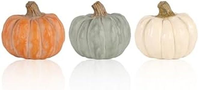 Set of 3 Decorative Pumpkins – Resin Fall Harvest Décor in White, Sage Green & Orange, Rustic Autumn Table Centerpiece for Thanksgiving Farmhouse Home Decoration (White)