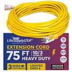 75 ft Extension Cord 10/3 SJTW with Lighted end - Yellow - Indoor / Outdoor Heavy Duty Extra Durability 15 AMP 125 Volts 1875 Watts by LifeSupplyUSA