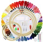 Full Range Embroidery Starter Set Including 5 Pieces Bamboo Embroidery Hoops, 50 Colors Embroidery Threads, 2 Pieces Aida Cloth and Cross Stitch Tool Kit for Beginners (50 Embroidery Thread)