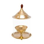 EIN SOF 5 inches Medium Gold Brass Akhand Diya with Borosilicate Glass Cover for Puja Aarti & Home Decoration - Oil & Camphor Lamp, Glass Tealight Candle Holder - Gold & White