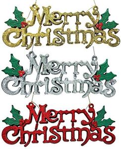 BANBERRY DESIGNS Merry Christmas Sign - Set of 3 Decorative Glittery Hanging Signs for Xmas - Red, Silver and Gold Glitter with Holly Berries