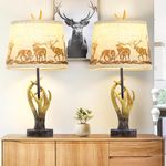 24.4" Antler Table Lamps for Bedrooms Set of 2, Rustic Deer Living Room End Table Lamps, Farmhouse Resin Bedside Nightstand Lamps, Bulbs Included