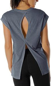 icyzone T-Shirt de Sport Femme Yoga Shirt Manches Courtes Fitness Running Décontracté Tops Dos Ouvert(M, Marine)