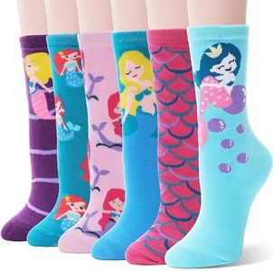 EBMORE Kids Girls Socks Cotton Crew Cute Gifts Animal Pattern Fashion Fun Novelty Mermaid Socks 6 Pack Stocking Stuffers (Mermaid,3-5 Y)