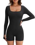 FemiChic Women's Jumpsuit Ladies Bodysuit Long Sleeve Short Workout Seamless Sport Yoga One Piece Bodycon Romper Ribbed Square Neck All In One Athletic Stretchy Jumpsuit Gym Clothes(Black,S)