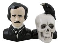 Ebros Gift Gothic Poet Edgar Allen Poe With Black Raven Crow On Skull Decorative Ceramic Salt And Pepper Shakers Figurines Quoth The Raven Nevermore Macabre