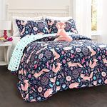 Lush Decor Pixie Fox Reversible Quilt Set, 4 Piece Set, Full/Queen, Navy & Pink - Bedding Sets for Girls - Whimsical Quilt for Kids & Toddlers - Floral & Heart Print - Woodland Bedroom Decor