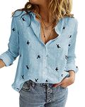 Livonmone Women's Blouse Casual Long Sleeve Shirts V Neck Button Down Basic Loose Tunic Tops (Blue, L)