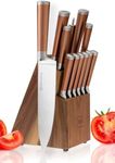 Copper Knife Set with Walnut Knife Block - Premium 13 PC Stainless Steel Knife Sets for Kitchen with Block - Rose Gold Knife Set with Block, Rose Gold Kitchen Accessories & Copper Kitchen Accessories