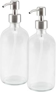 16-Ounce Clear Glass Boston Round Bottles w/Stainless Steel Pumps (2 Pack) Great for Essential Oils Lotions Liquid Soaps