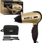 Bauer Professional 38850 Travel Hair Dryer Set / Compact 1200W Travel Hair Dryer with Folding Handle / Carry Case, Hairbrush & Comb / 2 Heat & Speed Settings / Lightweight, Portable, Dual Voltage