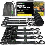 RHINO USA Ratchet Straps Tie Down Kit, 5,208 Break Strength - Includes (4) Heavy Duty Rachet Tiedowns with Padded Handles & Coated Chromoly S Hooks + (4) Soft Loop Tie-Downs