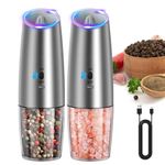 CIRCLE JOY Rechargeable Gravity Electric Salt and Pepper Grinder Set, Stainless Steels Salt and Pepper Mills with LED Light, Adjustable Coarseness, Washable 135ml Container, No Battery Needed