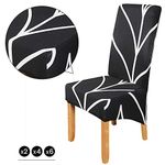 High Back Strench Knitted Dining Chair Covers Set of 6, Large Size Elastic Kitchen Chair Slipcovers Removable Nonslip for Hotel Dining Room Ceremony Banquet Wedding Party (Black-White Lines, 6 Pack)