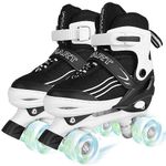 HXWY Boys Roller Skates for Girls Kids Child Youth, Adjustable 4 Sizes Roller Skates with Light Up Wheels for Beginners, Quad Black White Skates for Outdoor Indoor Sports (Large-Youth 4-7)