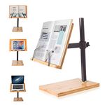 Book Stand Height Adjustable Large Size, wishacc Bamboo Upright Book Stand with Page Clips for Reading Hands Free for Kitchen Office and School