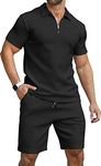 KUYIGO Men's Outfits Two-piece Casual Set Short Sleeve Polo Shirts and Beach Shorts Summer Outfits Black 3X-Large