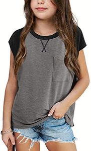Imily Bela Girls Summer T Shirts Casual Cap Sleeve Crewneck Raglan Tops with Pocket Grey