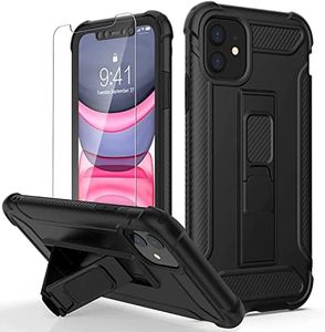 ORETech Designed for iPhone 11 Case with [2 x Tempered Glass Screen Protectors] [Built-in Kickstand] Military Grade Shockproof iPhone 11 Case 360 Full Body Protective Silicone TPU Bumper Cover - Black