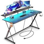 SEVEN WARRIOR Gaming Desk with LED Lights & Power Outlets, 55" Computer Desk with Monitor Shelf, Home Office Desk with Cup Holder and Headphone Hook, Ergonomic, Carbon Fiber Surface Black