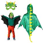 Landifor 2pcs Dinosaur Costume for Kids Green Dino Fancy Dress Outfit Dragon-Wings Cape with Dino Mask for 3-8 Years Toddler Halloween Jurassic Themed Party Costume Cosplay Pretend Play