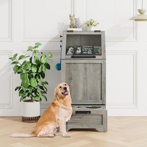 STMHOM Dog Feeding Station with 2 Elevated Dog Bowls, Pet Feeding Station,Flip Top Dog Food Storage Cabinet,Dog Food Storage Container,Pet Toy Storage Organizer,Modern Dog Storage Organizer,Grey