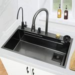 Single Bowl Kitchen Sink,Stainless Steel Workstation Sink With Pull-Out Faucet,Nano Raindance Waterfall Sink with Cup Washer,with Cutting Board& Strainer,Drop-in Or Undermount Installation