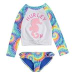 Hurley Girls' Long Sleeve Rash Guard 2-Piece Swimsuit Set, Multi, 6