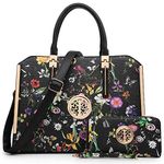 Dasein Women Large Handbag Purse Vegan Leather Satchel Work Bag Shoulder Tote with Matching Wallet, 01-black Flower, Large